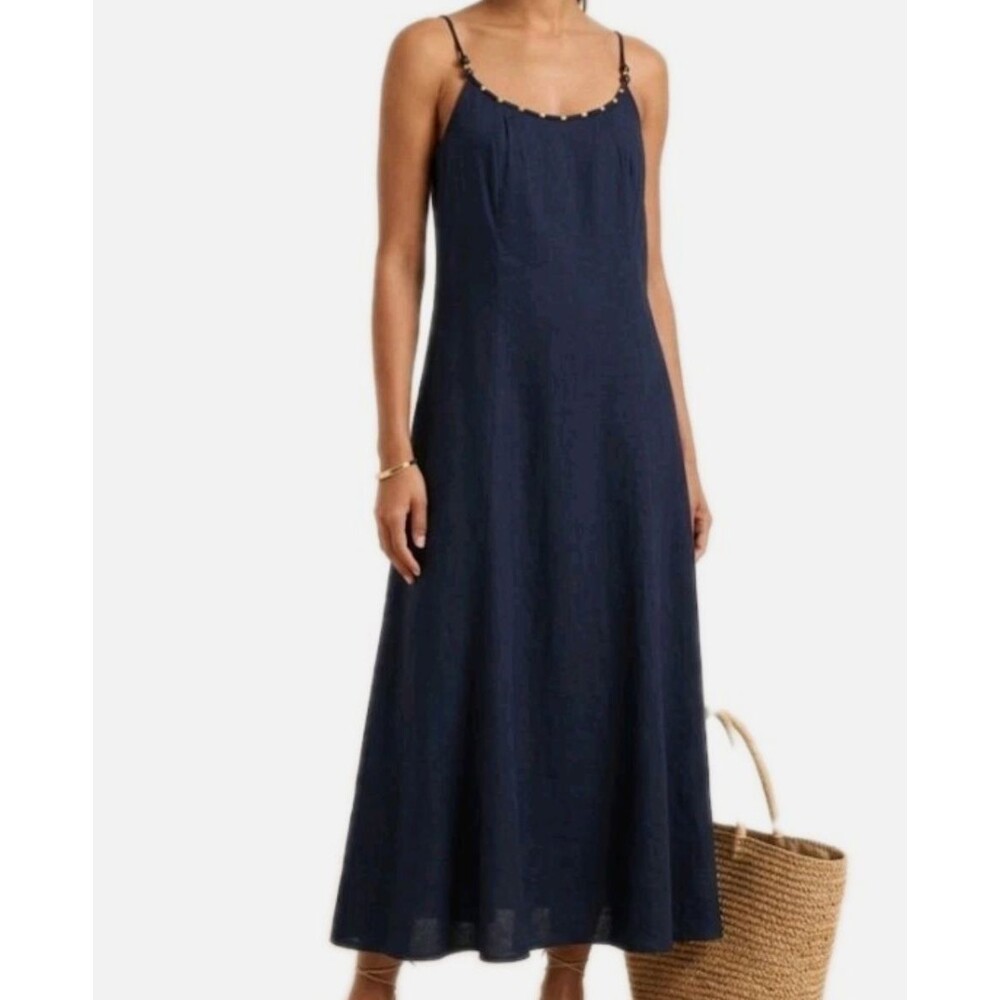 Calypso St Barth Navy Linen Blend Maxi Dress Beaded Straps Boho Resort Size XXL